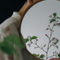 Ronde spiegel reflecteert een smalle tak met groene bladeren; een persoon in licht overhemd houdt de spiegel vast tegen een donkere achtergrond met vage voorgrondplanten.